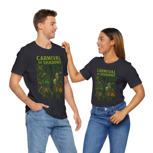 Carnival of Shadows Graphic Tee, Spooky Halloween Shirt, Unisex T-Shirt, Fun Autumn Wear, Perfect for Parties, Horror Lovers Clothing