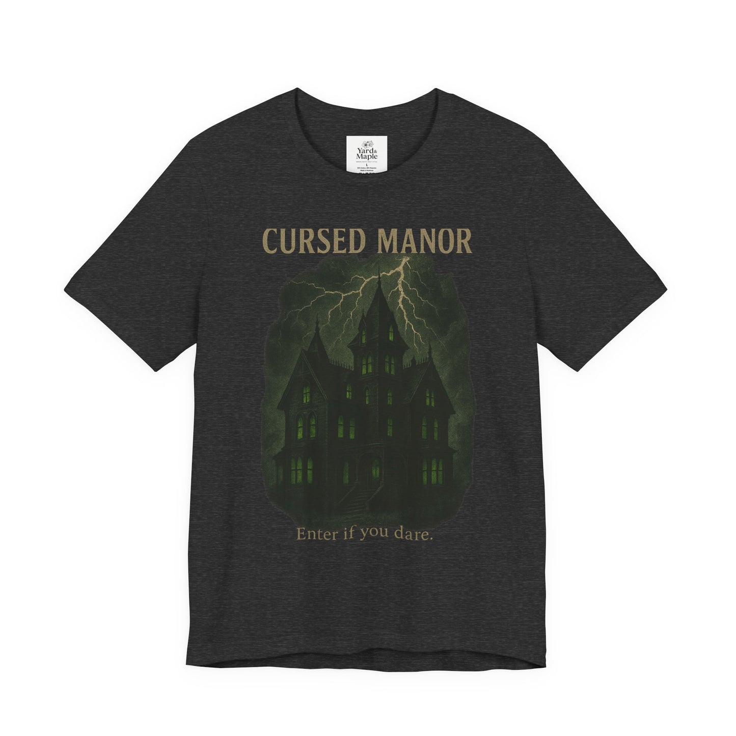 Cursed Manor Short Sleeve Tee - Spooky Halloween T-Shirt, Haunted House Theme, Casual Wear, Perfect for Horror Lovers, Gift Idea