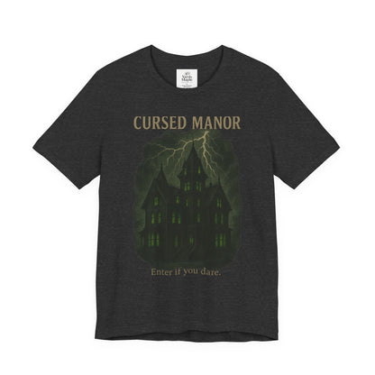 Cursed Manor Short Sleeve Tee - Spooky Halloween T-Shirt, Haunted House Theme, Casual Wear, Perfect for Horror Lovers, Gift Idea