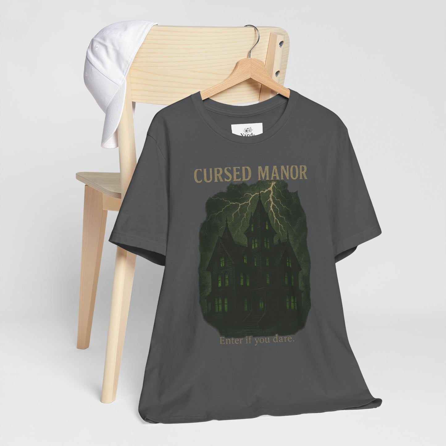 Cursed Manor Short Sleeve Tee - Spooky Halloween T-Shirt, Haunted House Theme, Casual Wear, Perfect for Horror Lovers, Gift Idea