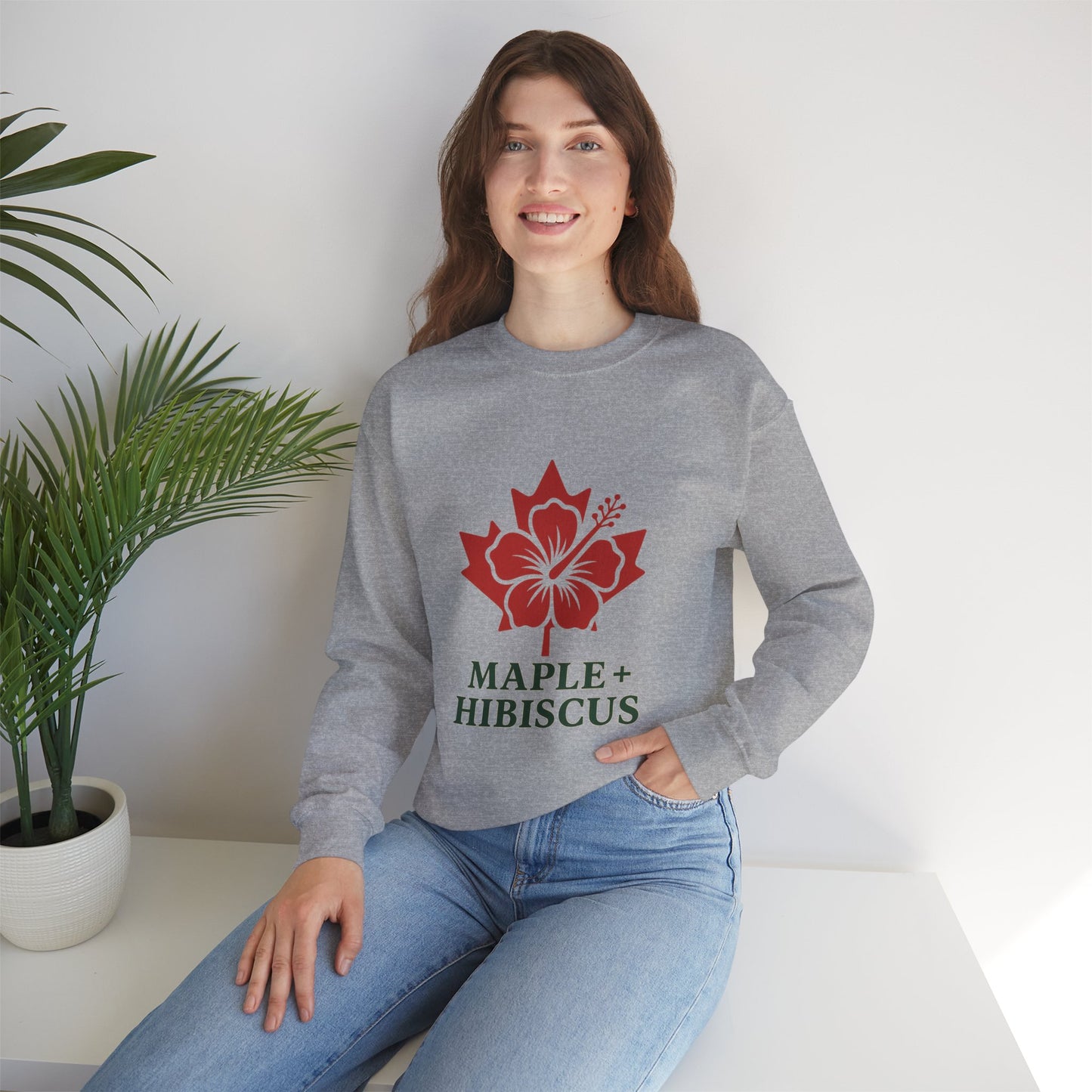 Maple + Hibiscus Crewneck Sweatshirt — Floral Maple Leaf Graphic