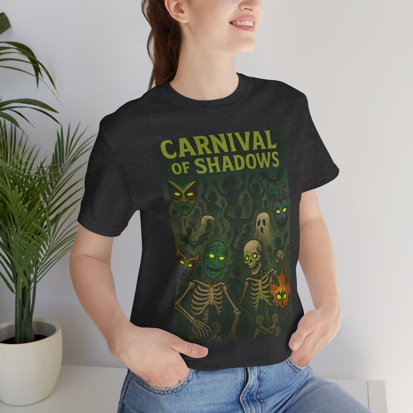Carnival of Shadows Graphic Tee, Spooky Halloween Shirt, Unisex T-Shirt, Fun Autumn Wear, Perfect for Parties, Horror Lovers Clothing