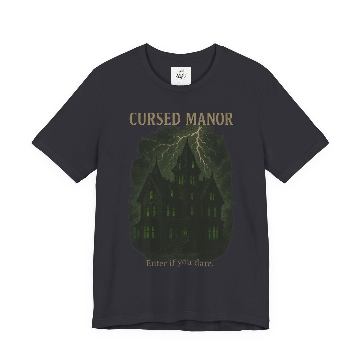 Cursed Manor Short Sleeve Tee - Spooky Halloween T-Shirt, Haunted House Theme, Casual Wear, Perfect for Horror Lovers, Gift Idea