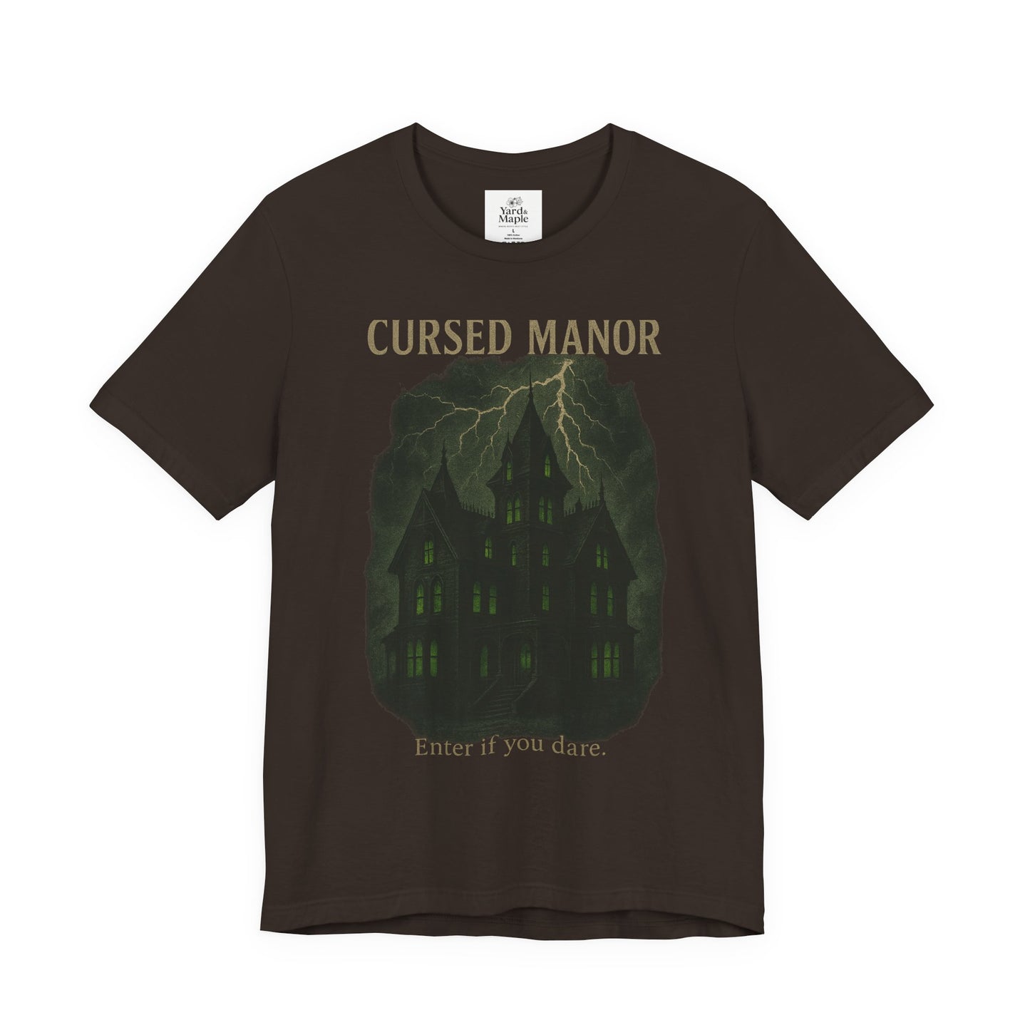 Cursed Manor Short Sleeve Tee - Spooky Halloween T-Shirt, Haunted House Theme, Casual Wear, Perfect for Horror Lovers, Gift Idea