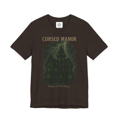 Cursed Manor Short Sleeve Tee - Spooky Halloween T-Shirt, Haunted House Theme, Casual Wear, Perfect for Horror Lovers, Gift Idea