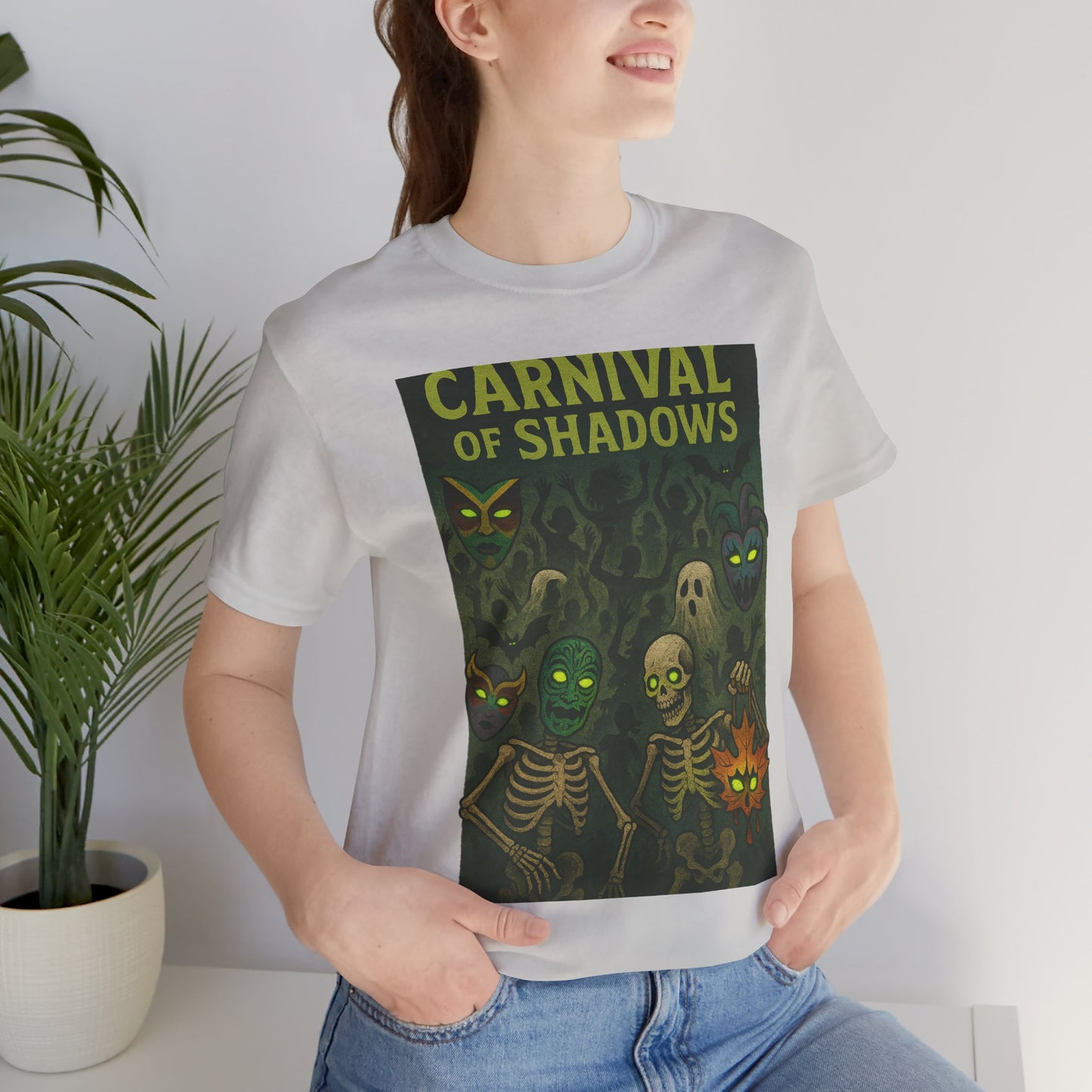 Carnival of Shadows Graphic Tee, Spooky Halloween Shirt, Unisex T-Shirt, Fun Autumn Wear, Perfect for Parties, Horror Lovers Clothing