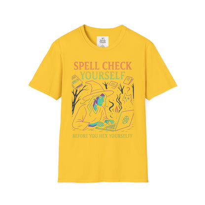 Spell Check Yourself Graphic Tee, Unisex Witch T-Shirt, Halloween Humor Top, Casual Witchy Apparel, Perfect for Spell Lovers
