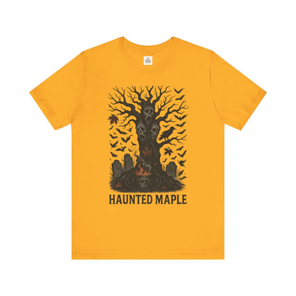 Haunted Maple Tee - Unisex Jersey Short Sleeve T-Shirt for Fall, Halloween, Spooky Vibe, Ghost Lovers, Unique Gift