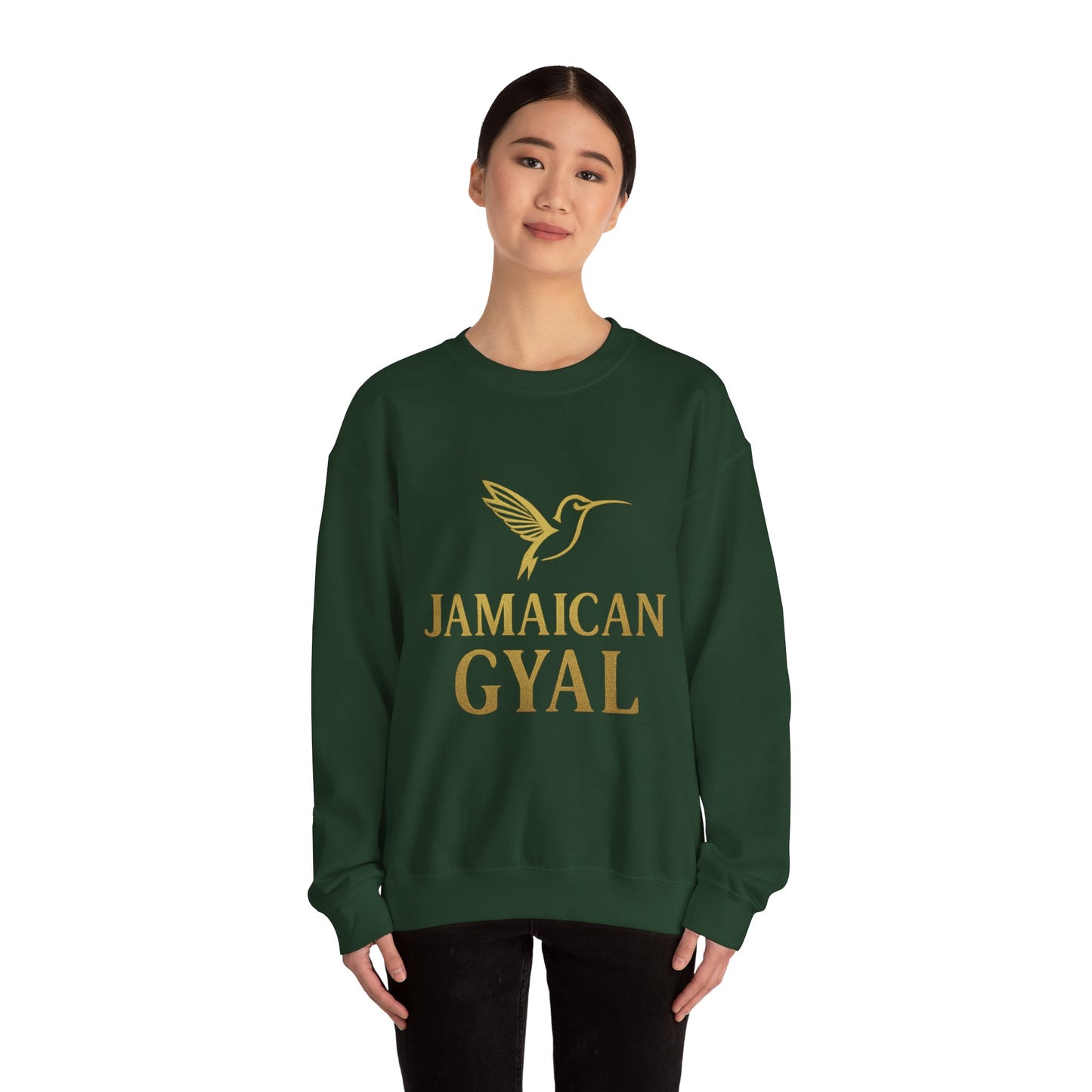 Jamaican Gyal Crewneck Sweatshirt — Gold Hummingbird Graphic