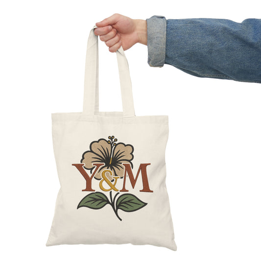 Natural Floral Tote Bag with Y&M Monogram, Eco-Friendly Grocery Bag, Gift for Her, Boho Style, Reusable Shopping Bag