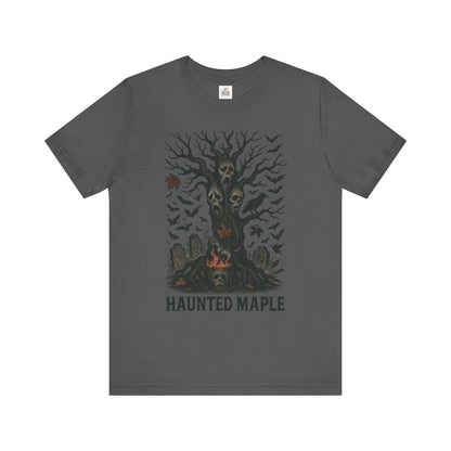Haunted Maple Tee - Unisex Jersey Short Sleeve T-Shirt for Fall, Halloween, Spooky Vibe, Ghost Lovers, Unique Gift