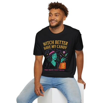 Witchy Candy T-Shirt, Halloween Apparel, Funny Halloween Shirt, Unisex Graphic Tee, Sweet Tooth Gift, Witch Costume Top